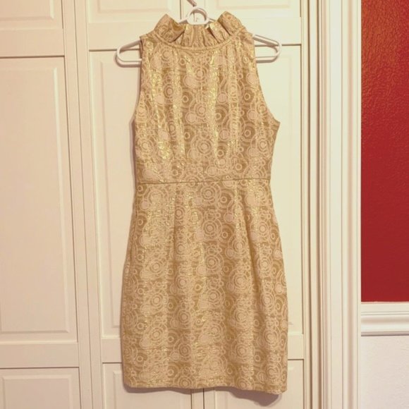 London Times. Gold foil dress. 8 Petite size. Worn 1x for an event. Like New - Picture 2 of 6